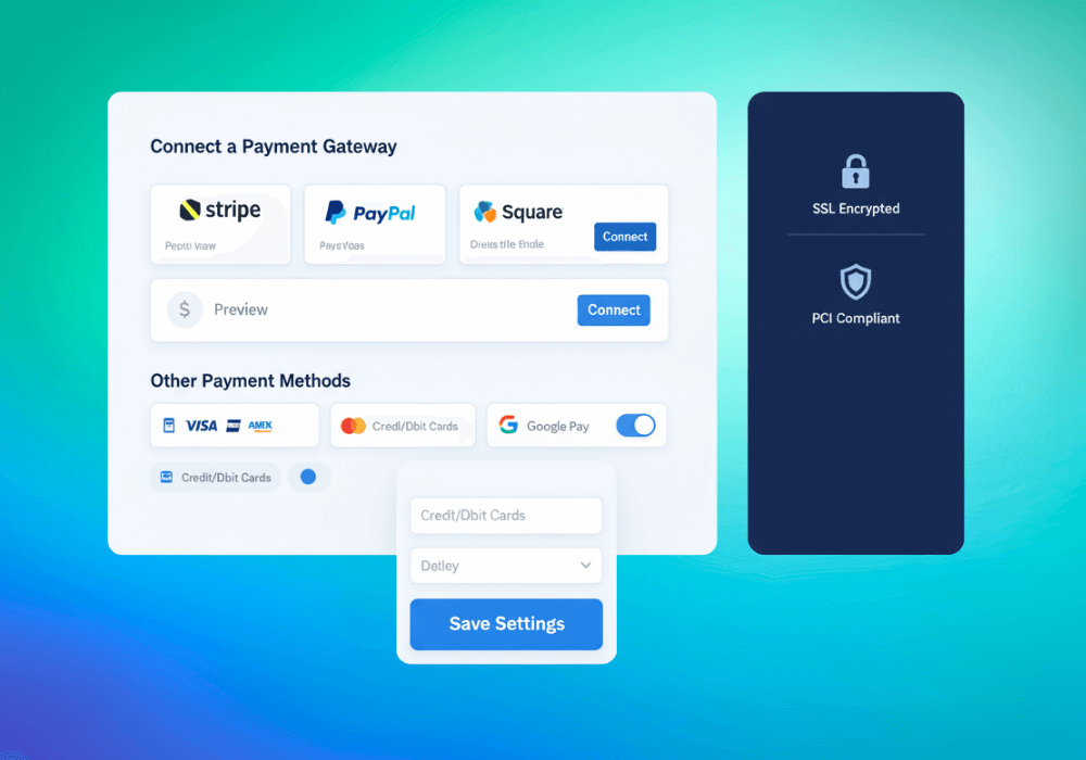 A user setting up payment options with a credit card icon on screen.